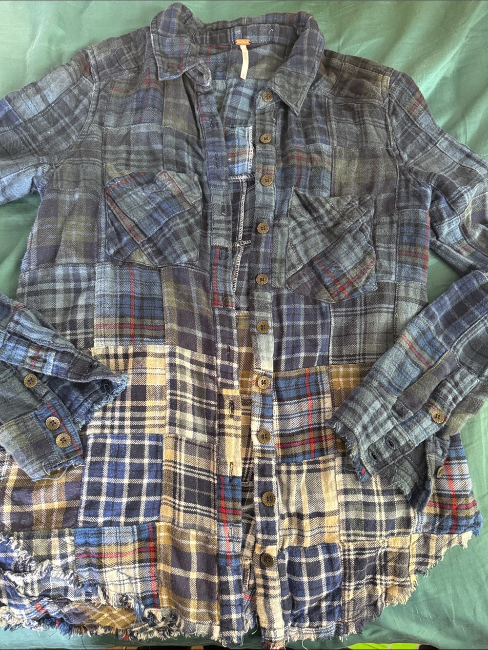 Free People Patchwork Plaid Button-Up Shirt in navy & beige, fringes on ends Xs